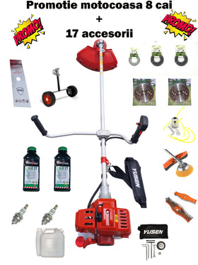 Pachet PROMO: Motocoasa pe benzina YUSEN 8 cai cu 17 accesorii incluse