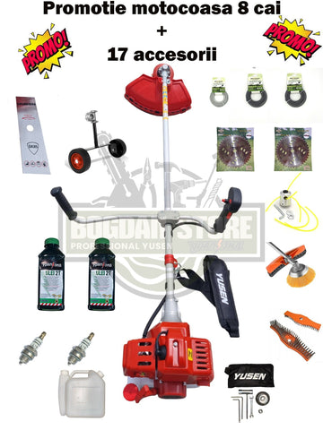 Pachet PROMO: Motocoasa pe benzina YUSEN 8 cai cu 17 accesorii incluse
