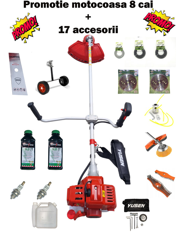 Pachet PROMO: Motocoasa pe benzina YUSEN 8 cai cu 17 accesorii incluse