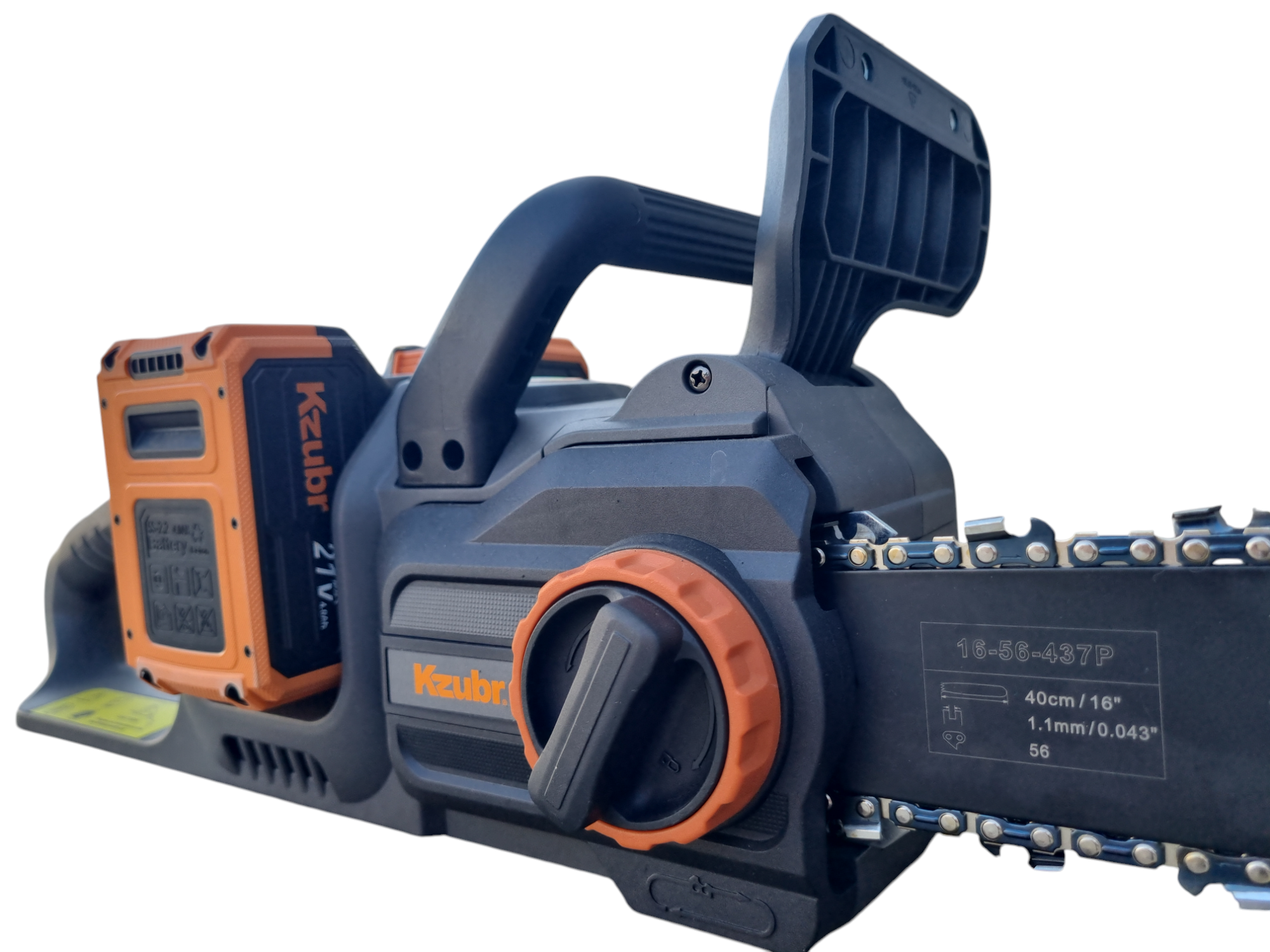 Fierastrau electric (drujba) cu lant pe 2 acumulatori KZUBR 42V Brushless, lama 40 cm, capacitate marita, 2 incarcatoare, ungere lant automata