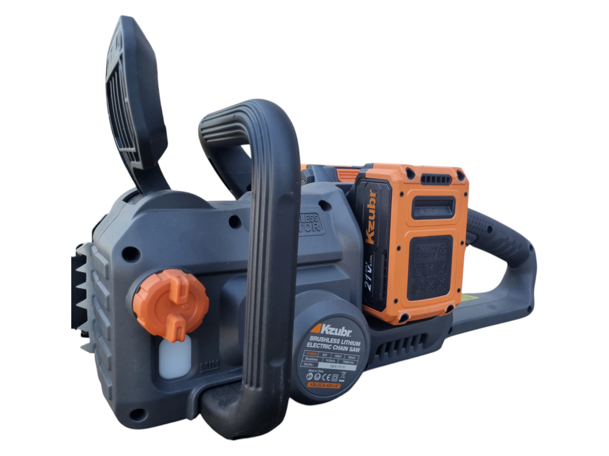 Fierastrau electric (drujba) cu lant pe 2 acumulatori KZUBR 42V Brushless, lama 40 cm, capacitate marita, 2 incarcatoare, ungere lant automata