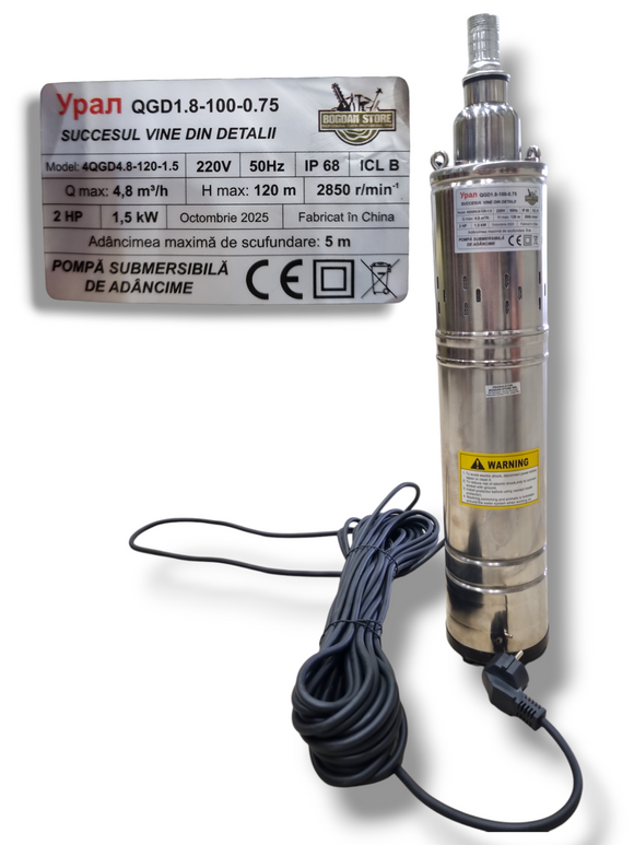 Pompă Tun Submersibilă Inox Ural, 1500W, 120m Refulare, 4.8m³/oră