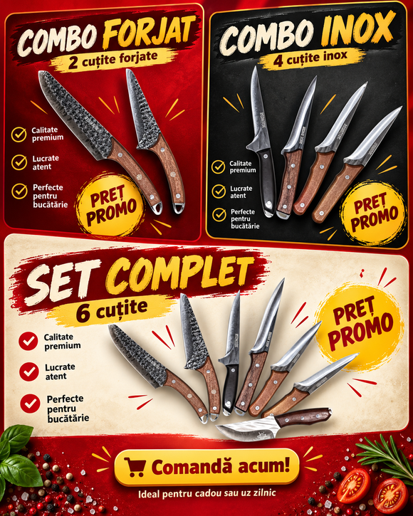 Set 6 Cutite Macelarie Bogdan Store, Lame Forjate și Inox, Masat Cadou