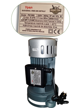 Pompă Periferică de Mare Putere PK1500 (Modelul de Helz FaceLift), iesire 1¼ ", 1.5 kW, 2.0 HP, Debit 5 m³/h, Înălțime 65m, Irigații