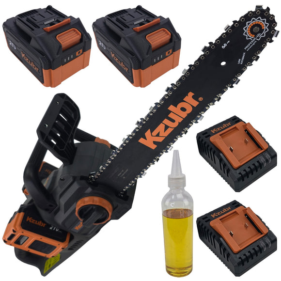 Fierastrau electric (drujba) cu lant pe 2 acumulatori KZUBR 42V Brushless, lama 40 cm, capacitate marita, 2 incarcatoare, ungere lant automata