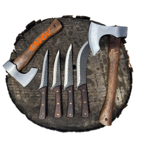 🔪 SET 4 CUȚITE ARTIZANALE + 🪓TOPOR SATAR 34 CM + 🎁 CADOU: TOPOR GRĂTAR 27 CM