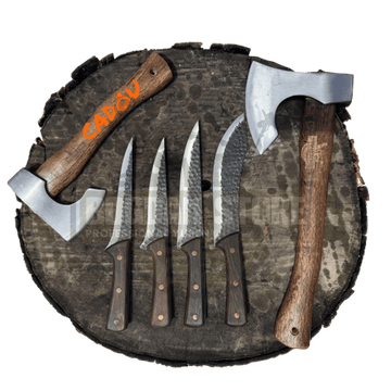 🔪 SET 4 CUȚITE ARTIZANALE + 🪓TOPOR SATAR 34 CM + 🎁 CADOU: TOPOR GRĂTAR 27 CM