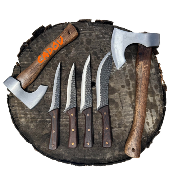 🔪 SET 4 CUȚITE ARTIZANALE + 🪓TOPOR SATAR 34 CM + 🎁 CADOU: TOPOR GRĂTAR 27 CM