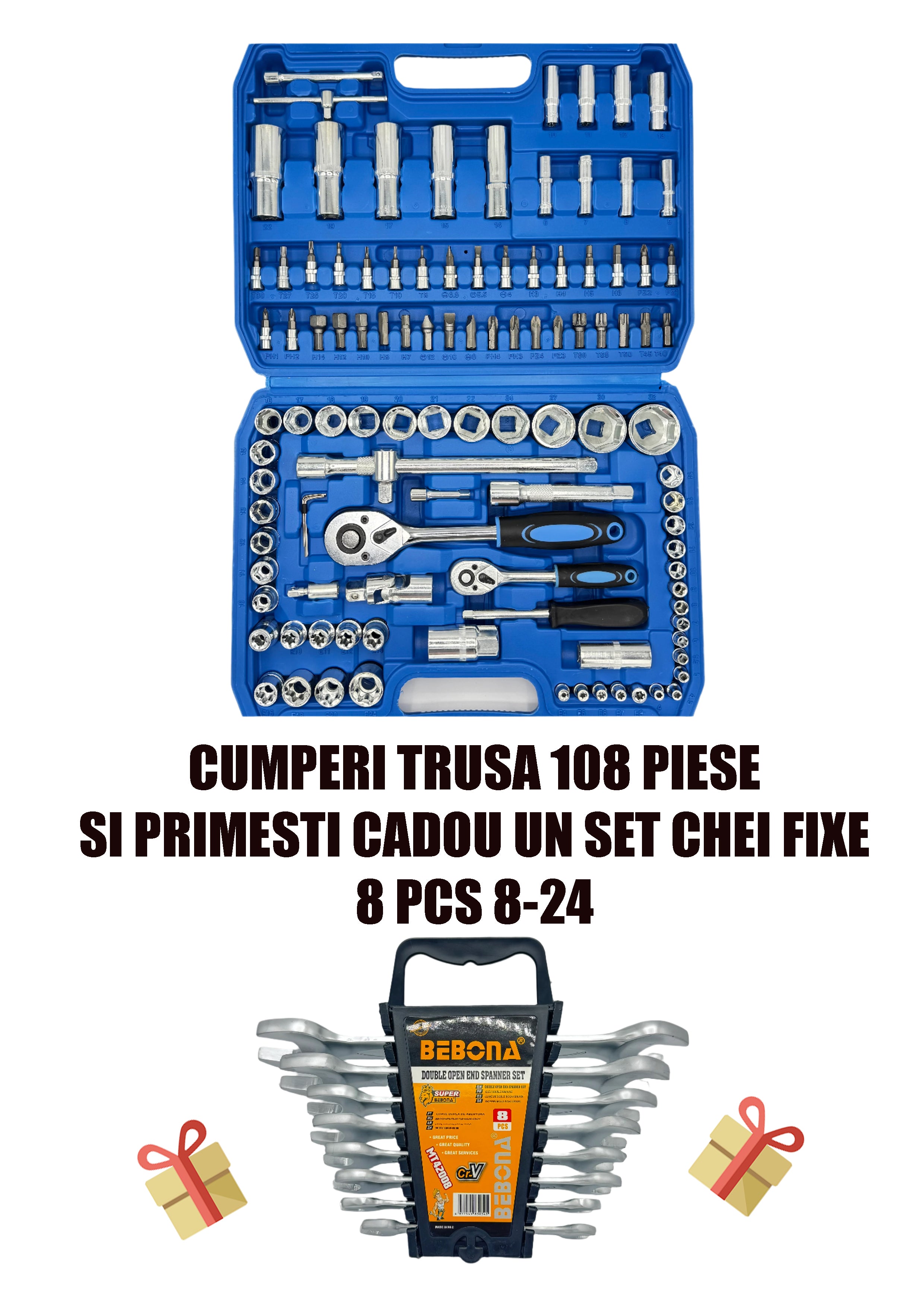 Pachet PROMO: Trusă Tubulară 108 Piese + CADOU Set Chei Fixe Bebona (8-24mm)