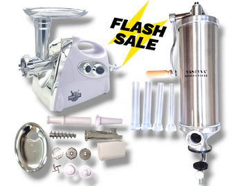 PACHET PROMO ECONOMIC: Masina de Tocat Carne (3000W) + Separator Rosii + Masina de umplut Carnati Verticala 3 Kg