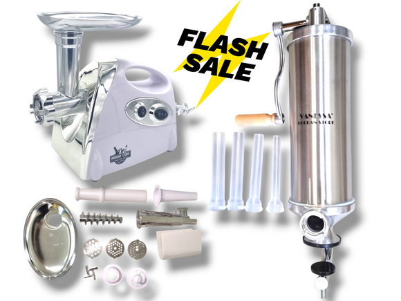 PACHET PROMO ECONOMIC: Masina de Tocat Carne (3000W) + Separator Rosii + Masina de umplut Carnati Verticala 3 Kg