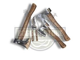 PACHET PROMO: Set 3 topoare forjate + foarfeca vie cu maner din lemn
